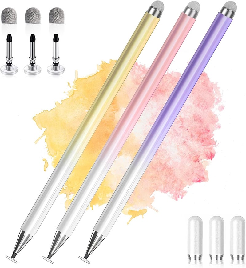 AmberVec Stylus Pens for Touch Screens, 2 in 1 High Precision Universal Stylus Pen for iPad Compatible with Apple, iPhone, iPad, Android, Samsung Tablets, Phones, 3 Pack-Pink, Purple, Yellow - Image 1